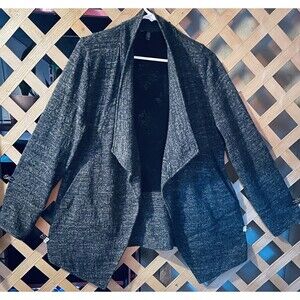 EILEEN FISHER Marled Dark Gray Draping Lagenlook Open Front Cardigan Sweater L